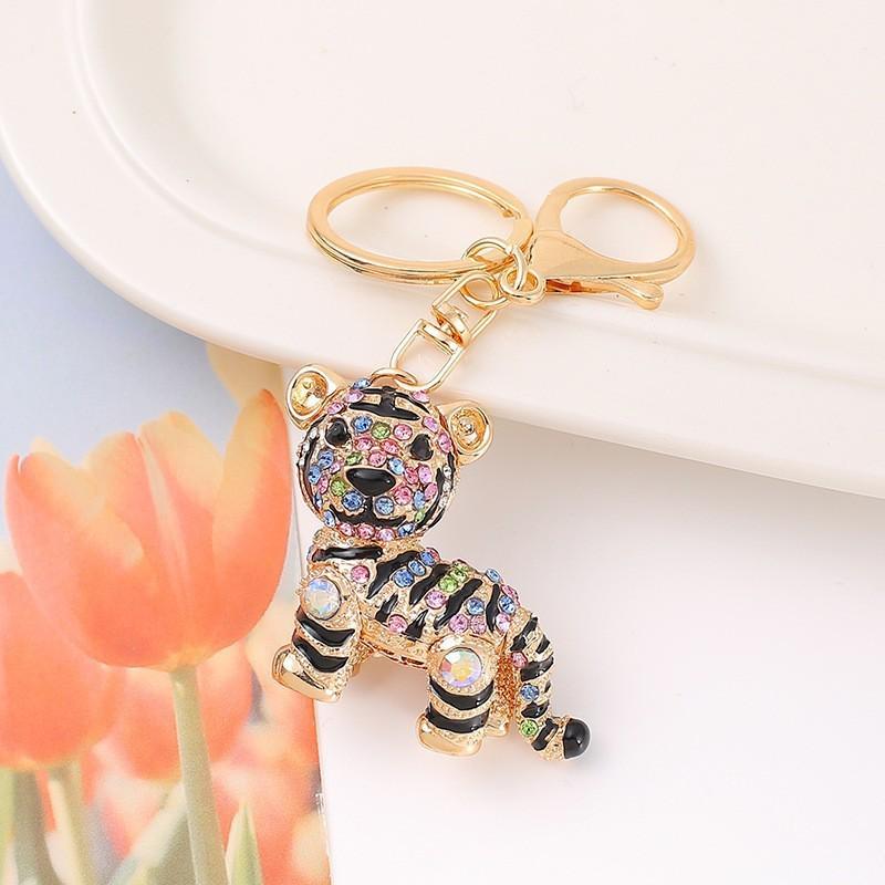 Colorful Rhinestone 3D Tiger Keychain and Metal Backpack Accessory