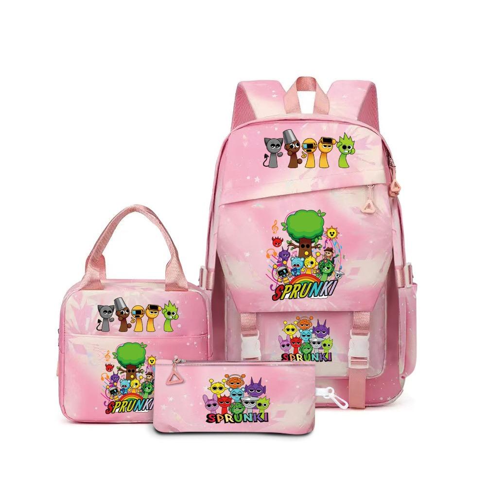 Rhythm box music game heat transfer backpack Sprunki pink schoolbag portable lunch bag stationery pencil case D