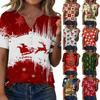 Women's Casual Christmas Holiday Print V-Neck Short Sleeve Button Front T-Shirt Top
