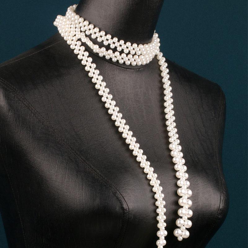 New Original Faux Pearl Long Necklace Women Elegant Dress Sweater Chain Multi Wear Design Creative Tie Shape Fashion Jewelry