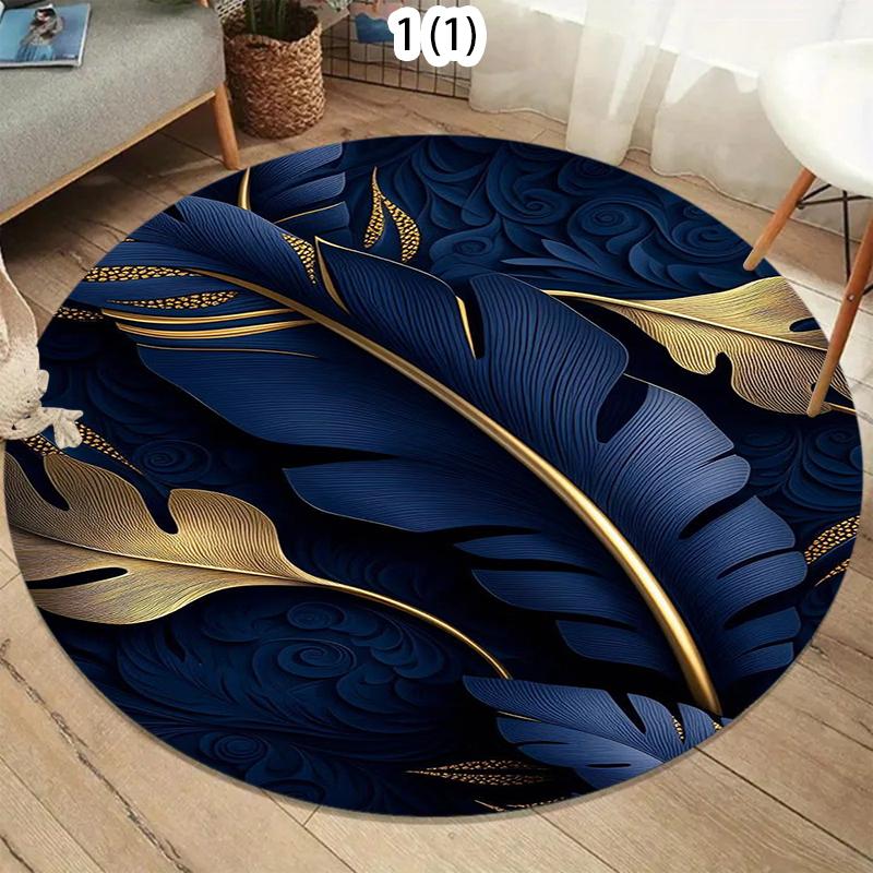 Dark Luxury Round Rug Soft Carpet Floor Mat Area Rug Non-Slip Navy Blue Gold Foil Feather Design for Home Living Room Minimalist