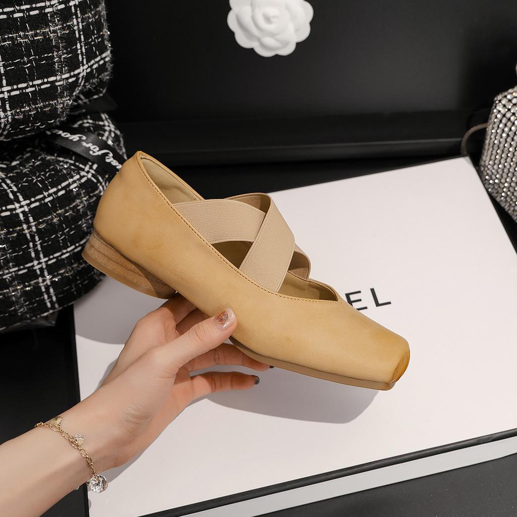 Apricot Square Head Ballet Shoes Female Retro Leather Strap Single Shoes Fairy Ballet Shoes Thick Heel Mary Jane Shoes
