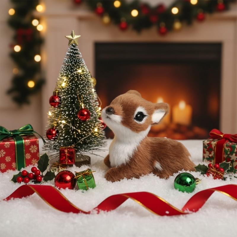 Realistic Christmas Deer Figurine With Realistic Furs Texture Miniature Animal Model For Holiday Tabletop Shelf Decors