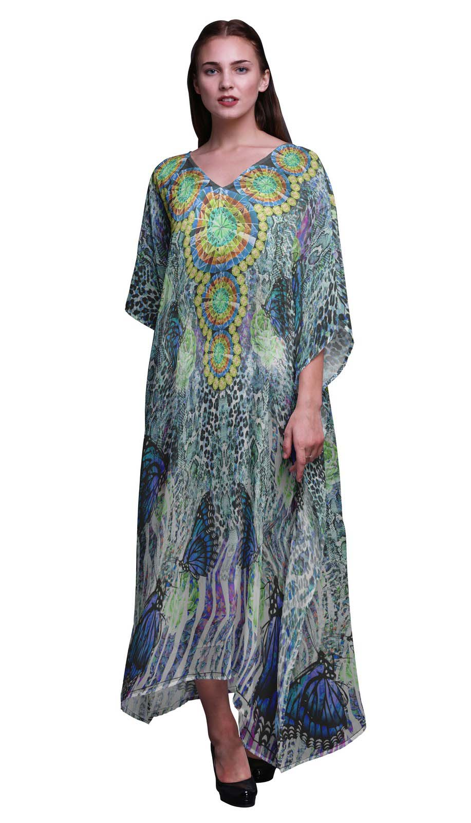 

Phagun Butterflies & Leopard Animal Skin Beach Kaftan Bikini Cover up Womena s Maxi Dress Long XL-3X бірюзовий колір синій