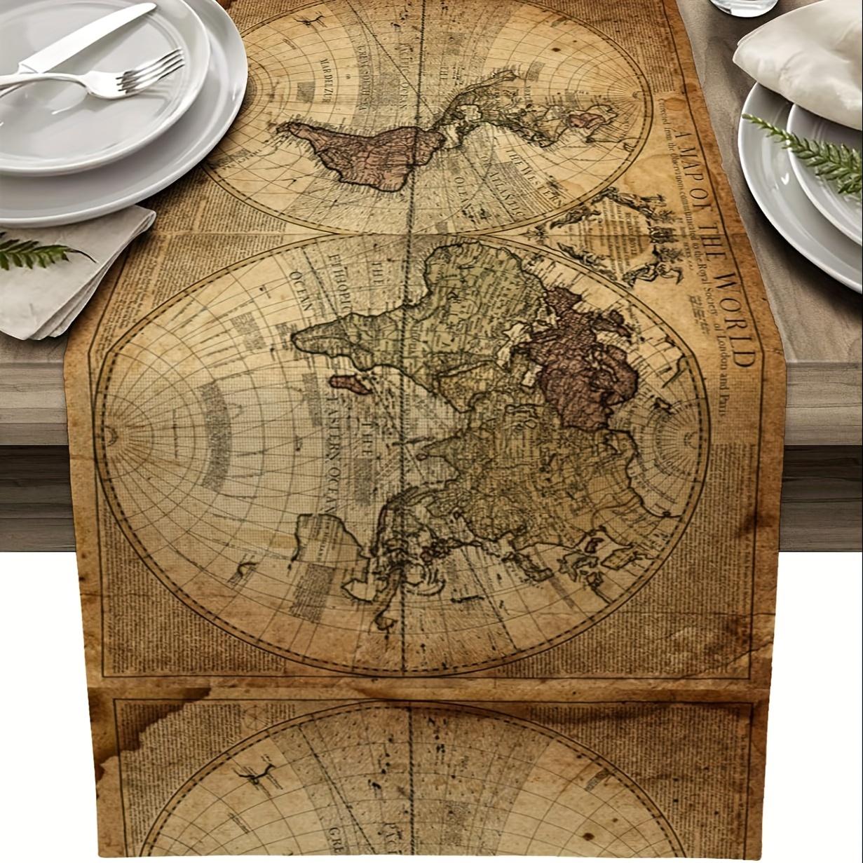 Jingyue Pet Retro Nautical Map Of World Linen Table Runners Dresser Scarf Table Decor Indoor Outdoor Parties Farmhouse Home Gathering Decor
