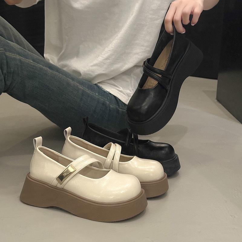 Buckle strap platform Mary Jane shoes women's medium heel Korean version one-word new 2025 spring and autumn British style small leather shoes women