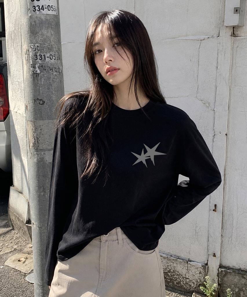GRAVER ORDINARY [Odnr Unisex] Small Twins Star Long Sleeve T-Shirt_Charcoal