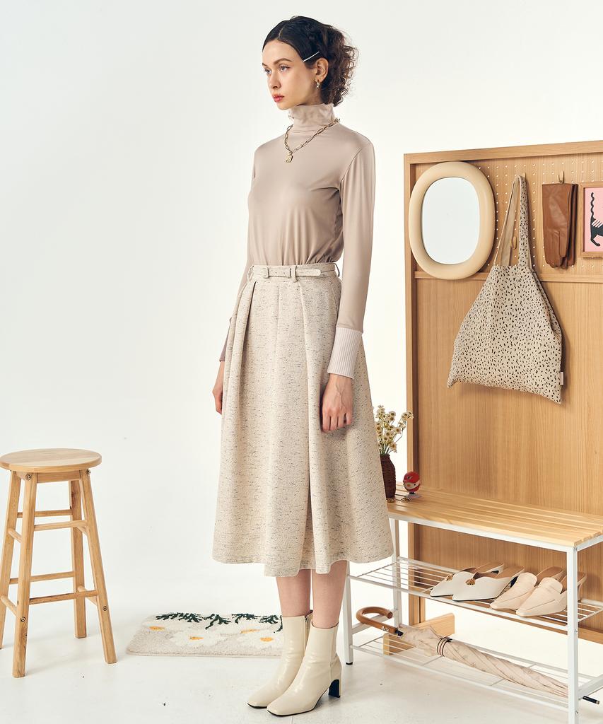 Pelimela Twill A-Line Belted Skirt Set (Beige)