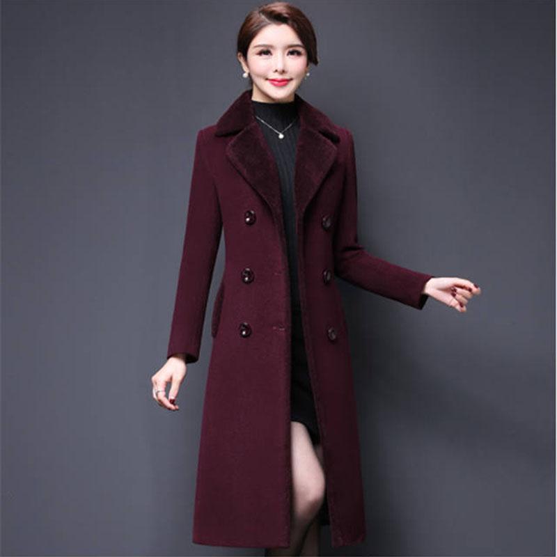Abrigo de Mezclas de Lana para Mujer Invierno Moda Engrosado Cuello de Cachemir Chaqueta Larga Cálida Ajustada Abrigo Exterior Femenino Tallas Grandes M-5XL