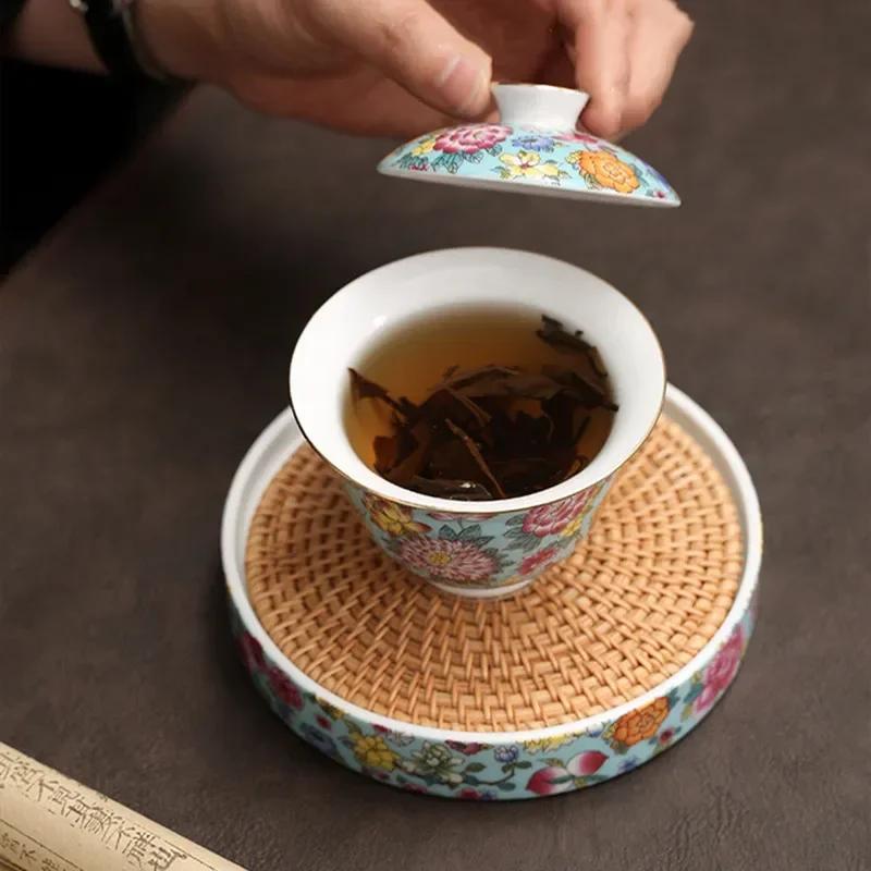 Chinese Enamel Color Ceramic Gaiwan Pot Bearing Handmade Flowers Porcelain Tea Bowl Teacup Household Tea Infuser Travel Teaware