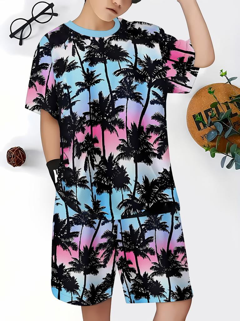 2026 Summer New Children's Set - Street Casual Fashion Comfortable Soft Breathable Lightweight 3D Coconut Tree Pattern Print