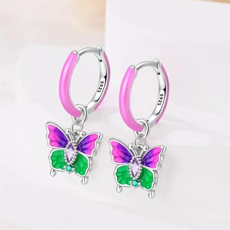 New 925 Silver Bee Butterfly Pink Lily Lotus Earrings for Women Cherry Apple Strawberry Ear Studs Elegant Party Jewelry