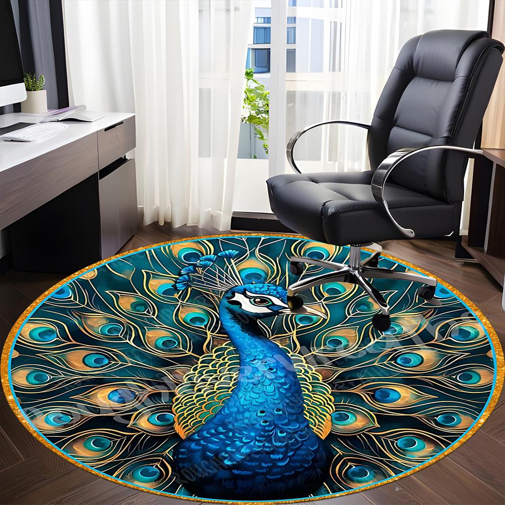 1pc Peacock Feather Art Chair Carpet for Office, Round Non Slip Durable Large Size Office Carpet, Suitable for Office