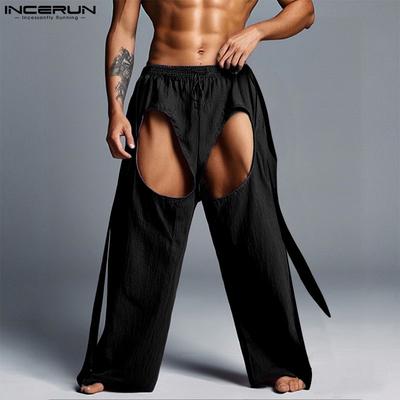 Men Drawstring Elastic Waist Cutout Solid Color Casual Loose Long Pants Trousers