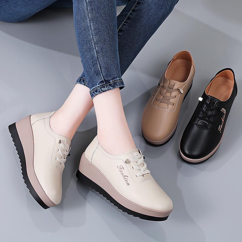 Autumn Women's Genuine Leather Non-Slip Platform Shoes - Thick-Soled, Comfortable, Lightweight, Casual