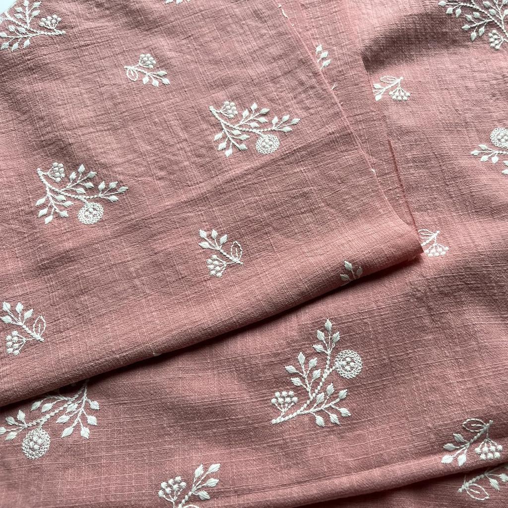 CraftDesignL Floral Cotton Embroidered Japanese Fabric for Quilting, Designer Linen Cotton by Yard (Pink)