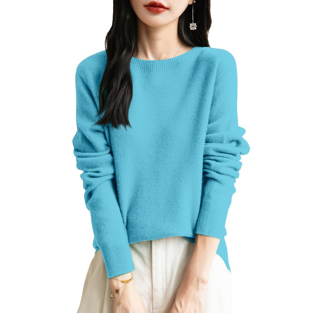 Women's Fashion Knit Round Neck Pullover Base Layer Sweater Color Long Sleeve Top