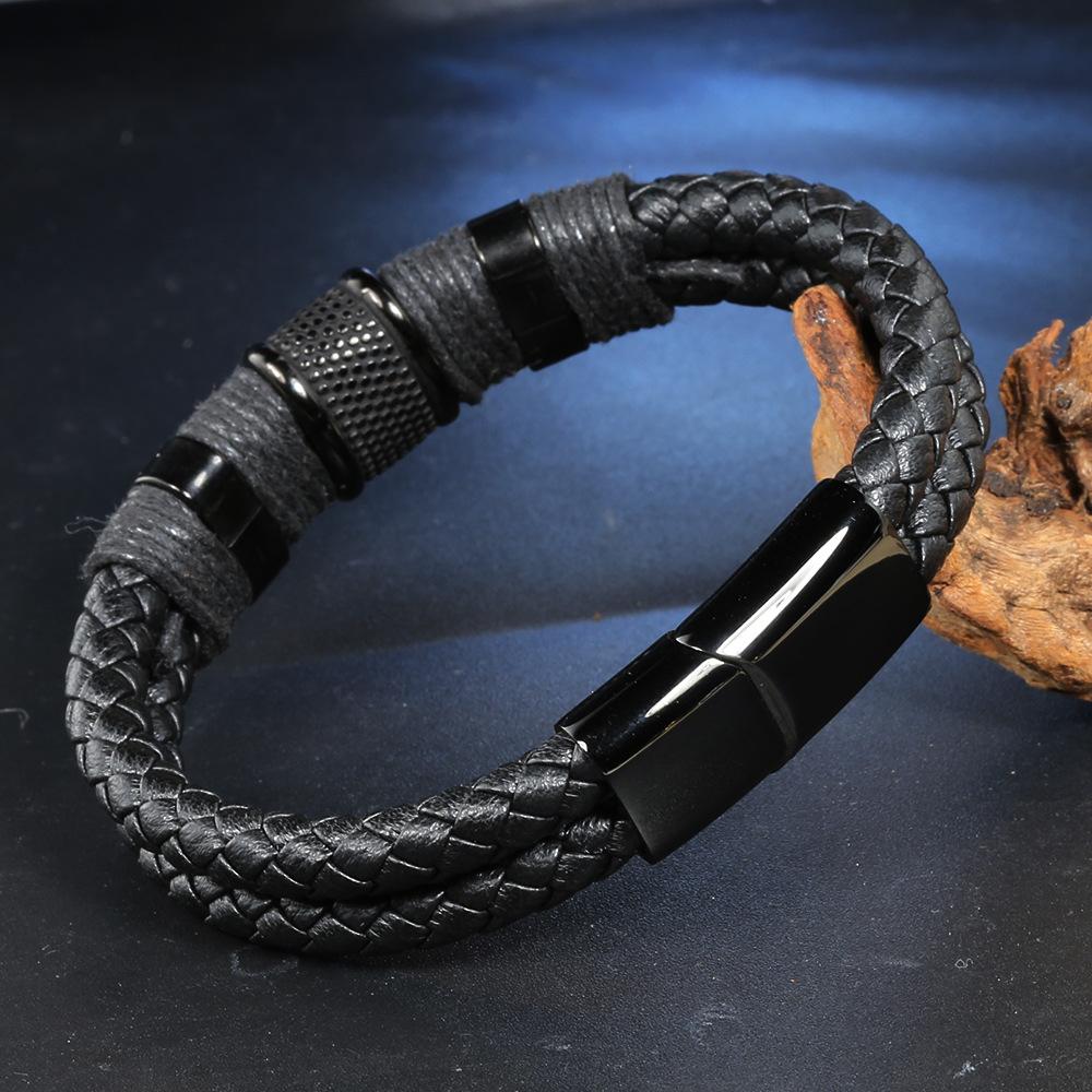 Leather stainless steel bracelet, top and bottom buckle accessories, genuine leather bracelet, men's bracelet jewelry.