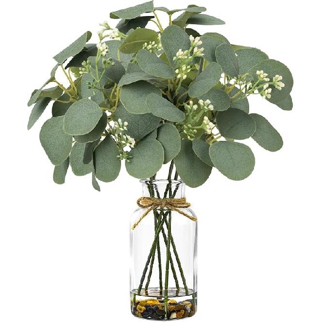 MACTING Artificial Eucalyptus Stems in Glass Vase with Faux Water Stones 14" Fake Sage Green Plants Eucalyptus Leaves for Table Centerpieces Bathroom