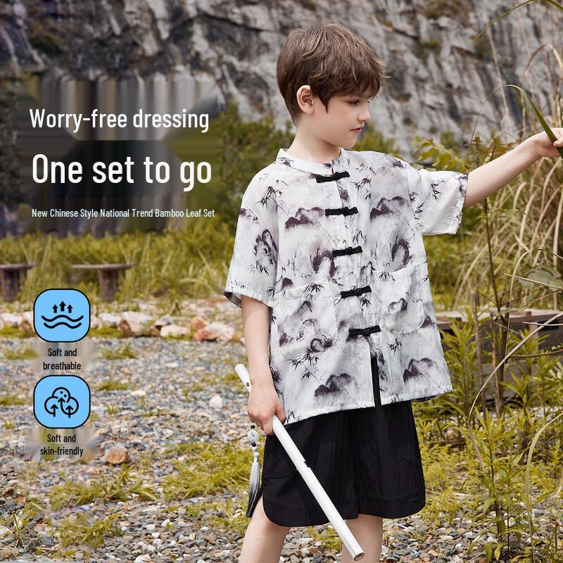 ABC KIDS Boys  Traditional Chinese Style Pankou Bamboo Leaf Print Summer Short Set 170