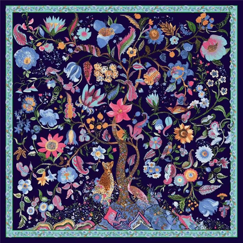 130*130cm Silk Scarf Luxury Women Large Shawls Animals Life Tree Print Stoles Square Bandana Kerchief Hijab Female Foulard