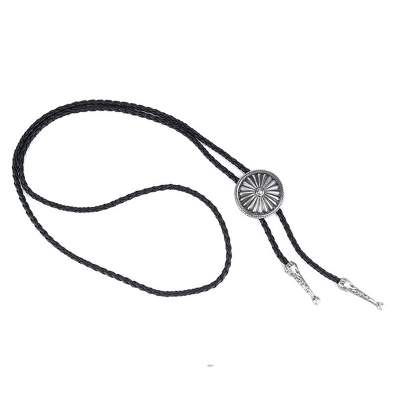 Mens Bolo Tie Necktie Faux Leather Braided Rope Necklace with Metal Round Flower Pendant Jewelry Cowboy Hat Accessories