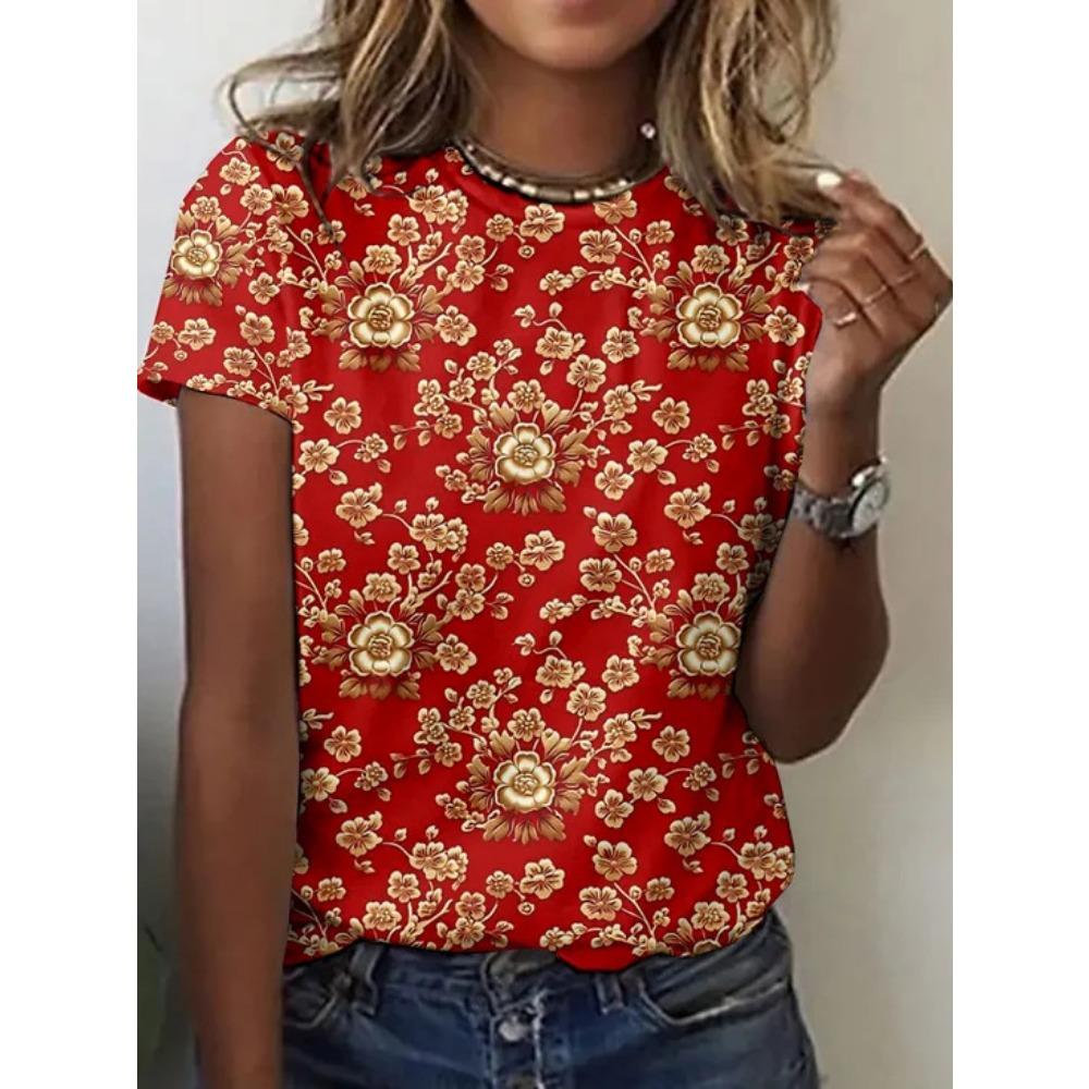 Retro Ethnic Floral T-shirt 3D Printed Women's Round Neck Short Sleeved T-shirt Street Wear Harajuku T-shirt Women's Clothing