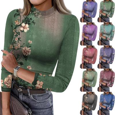 Women's Slim Bottom T,shirt Fashion Casual  Printing Round Neck Pullover 3/4 Sleeve  Top
