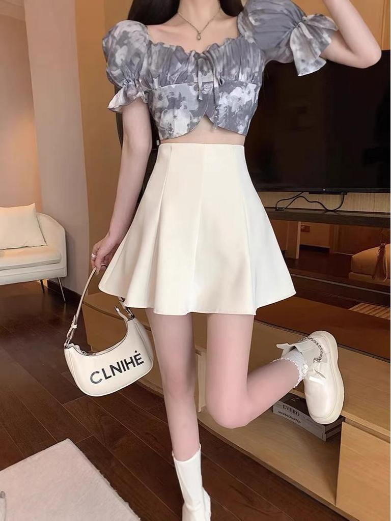 Black Pleated High Waist A-line Midi Skirt - Women's Summer Slimming Petite Flared Skirt with Hip-Hiding Design