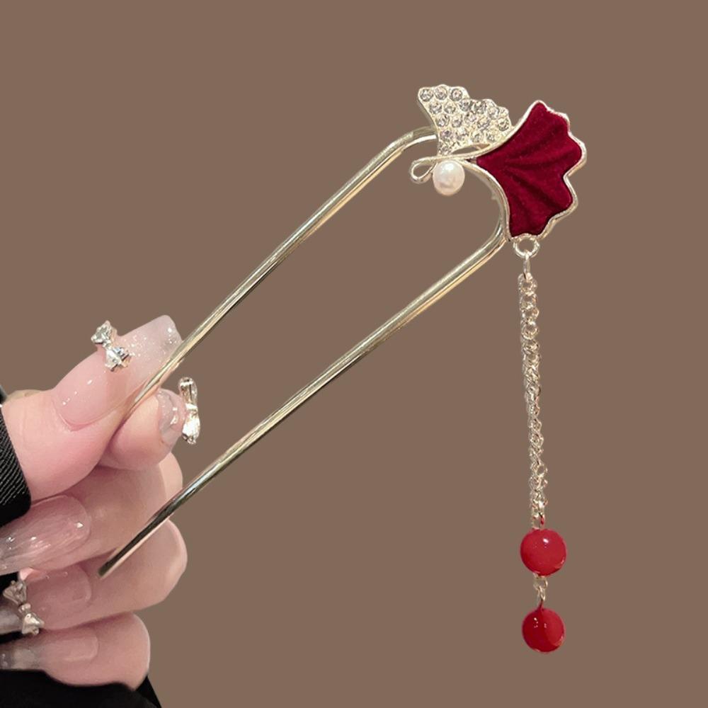 Traditional Hanfu Style Ginkgo Leaf Hair Stick with Red Velvet Zircon Inlay Pearl Red Bead Tassel Silver Metal Frame