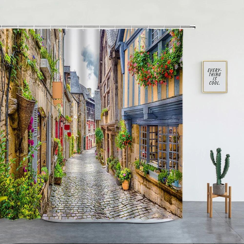 European Rural Town Street Landscape Printing Shower Curtain For Bathroom Curtains Waterproof Polyester Home Decor With Hooks