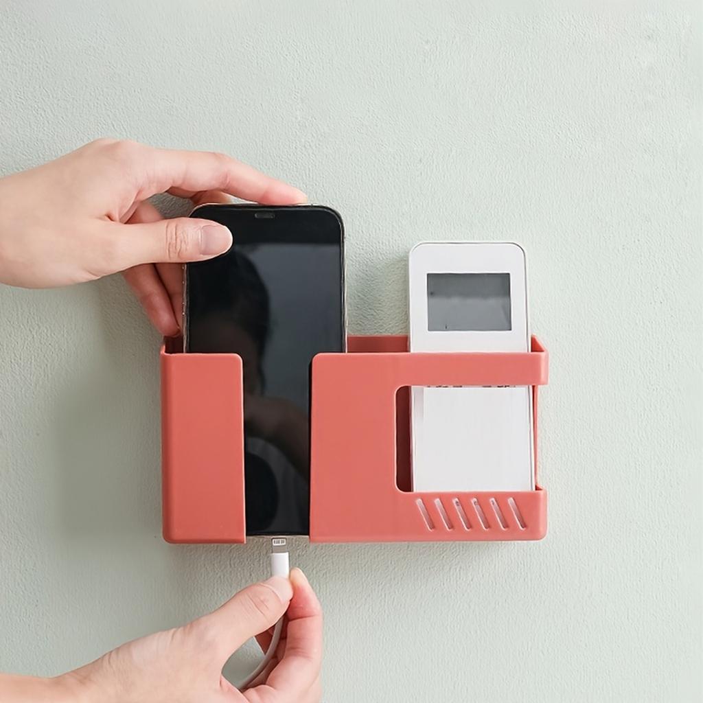 Adhesive Wall Mounted Phone Charging Stand with Remote Control Storage Box for Bedside, No Drill Installation