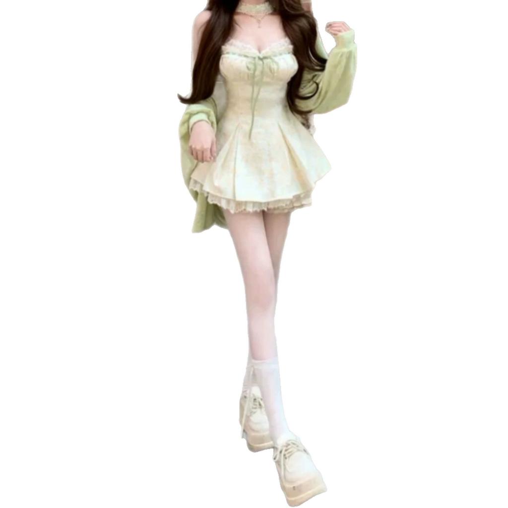 Pure desire sweet short skirt spring and summer waist thin design sense lace splicing suspender dress + cardigan suit women