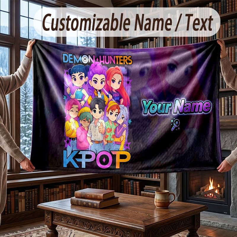 Custom Name Flannel Throw Blanket Kpop Demon Hunters Pattern Warm Home Decoration