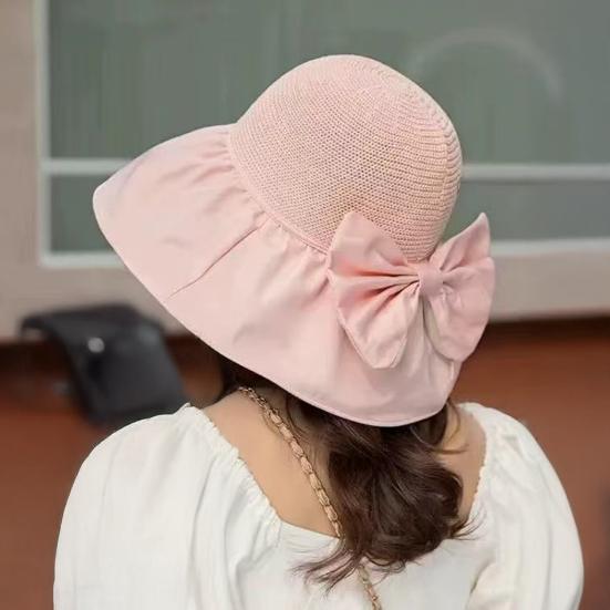Bucket Hat Bow Decor Sun Protection Large Ruffled Brim Beach Hat Breathable Hollow Woven Top Foldable Travel Hat