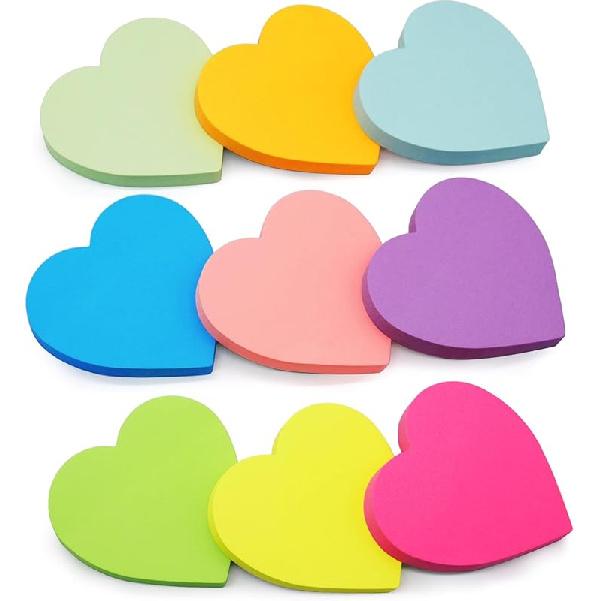 9 Pads Heart Sticky Notes, 3x3 in, 82 Sheets/Pad, Cute Bright Color Heart Shaped Sticky Notes Strong Adhesive Post, Clean Removal Heart Shape Sticky Notes