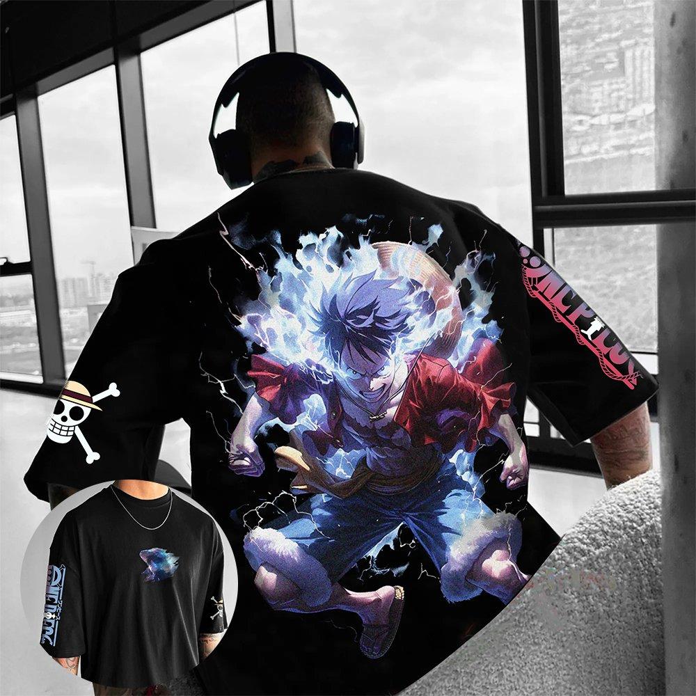 T-Shirt Men's Black Graphic Tee Anime Blue Lightning Print Oversized Streetwear Anime Cosplay