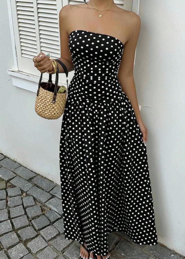 Ärmelloses High-Neck-Langkleid mit Wellenpunktmuster und Rüschensaum für Büro und Alltag
