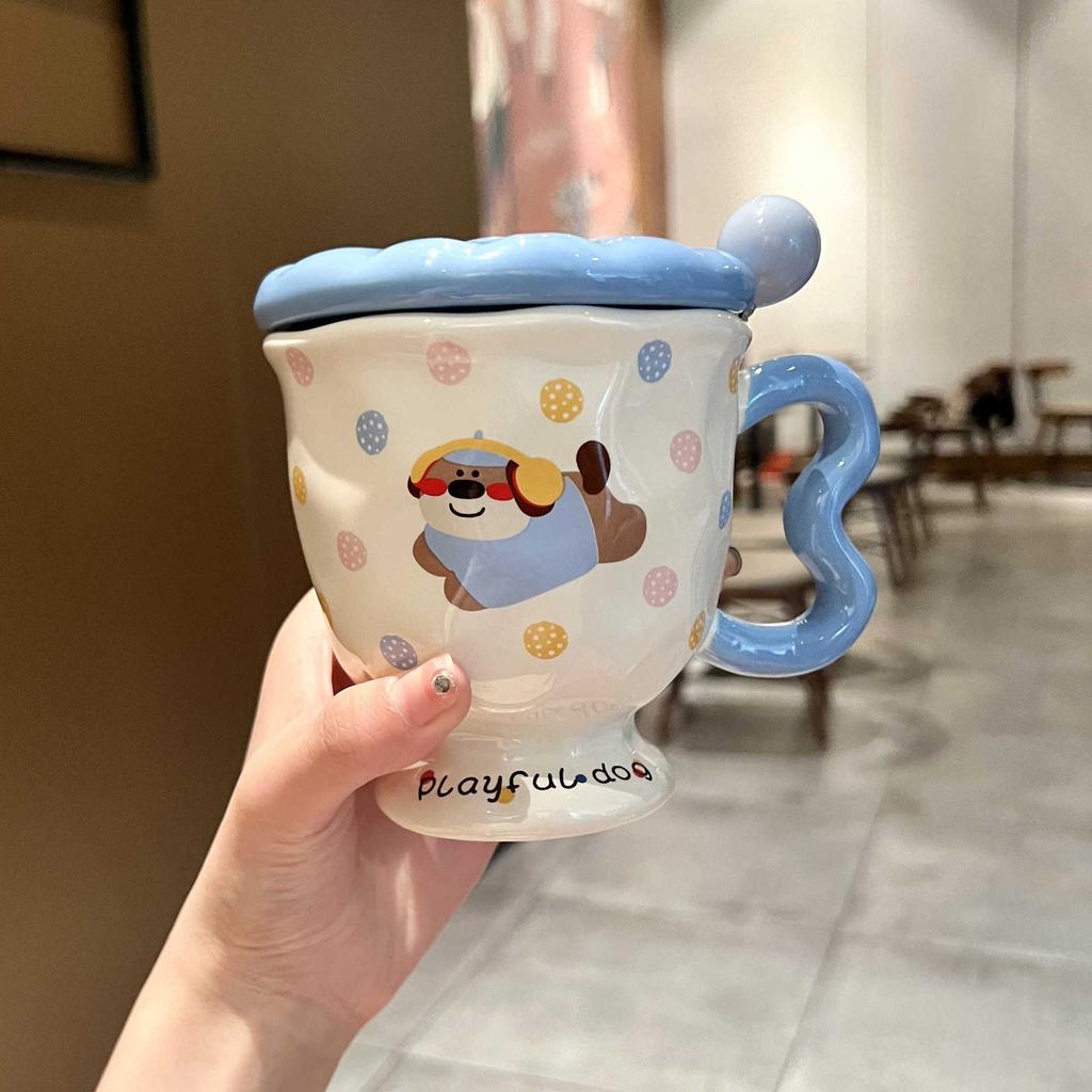 High-value Milk Cute Polka Dot Kitten Mug with Lid Girls Ceramic Cup Birthday Gift Souvenir