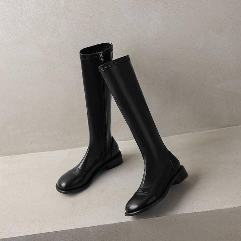 Autumn and Winter Women's Side Zipper High Boots Rubber Sole Middle Heel Round Head Korean Version Square Heel Leather Boots New Martin Boots Women