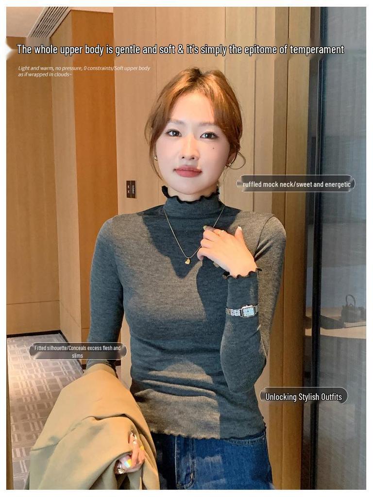 H360 Women's Lace Knit Ruffle High Neck Slim Fit Base Layer for Autumn/Winter