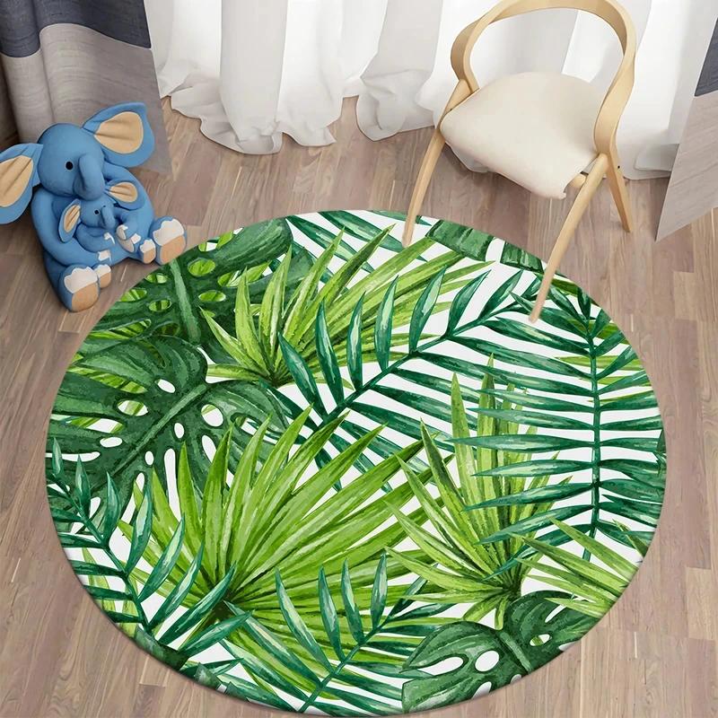 Hawaiian Tropical Leaves Round Carpet Living Room Chair Floor Mat Non-Slip Area Rug for Balcony Table Bedside Sofa Home Decor