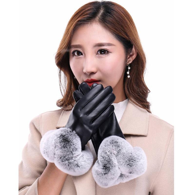 Women's Fashion Plush Winter Warm PU Leather Gloves Fur Touch Screen Gloves