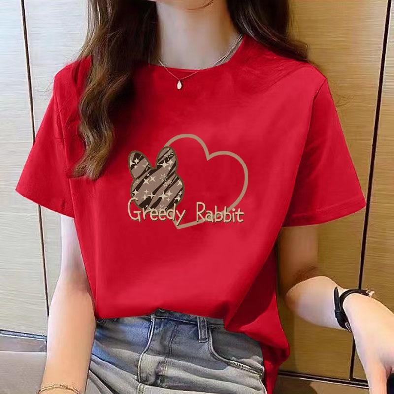 Women's T-shirt, women's round neck loose fashionable printed T-shirt, cartoon top for summer