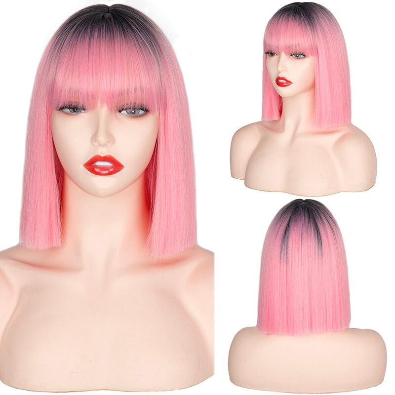 

XINRAN Короткий парик Боб с челкой для женщин Синтетические парики Боб Черный Розовый Парик с эффектом омбре для вечеринки Ежедневное использование Длина до плеч