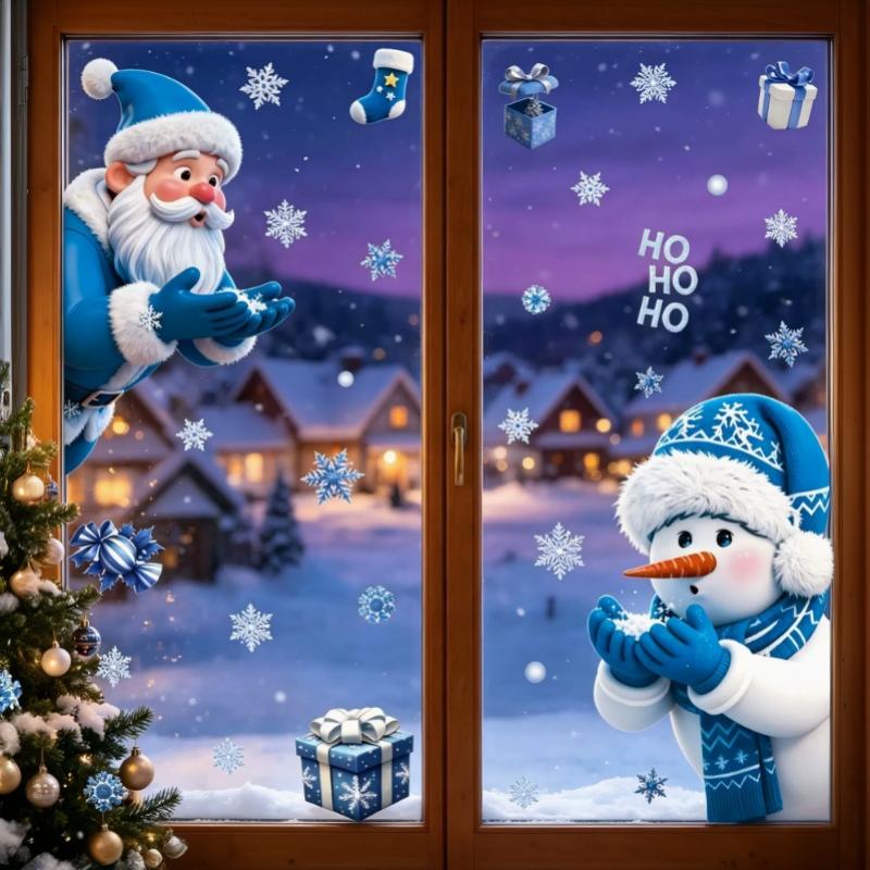 1/2 Sheets Cartoon Snowman Snowflake Santa Claus Christmas Window Wall Sticker Self-Adhesive Decor New Year Windows Stickers