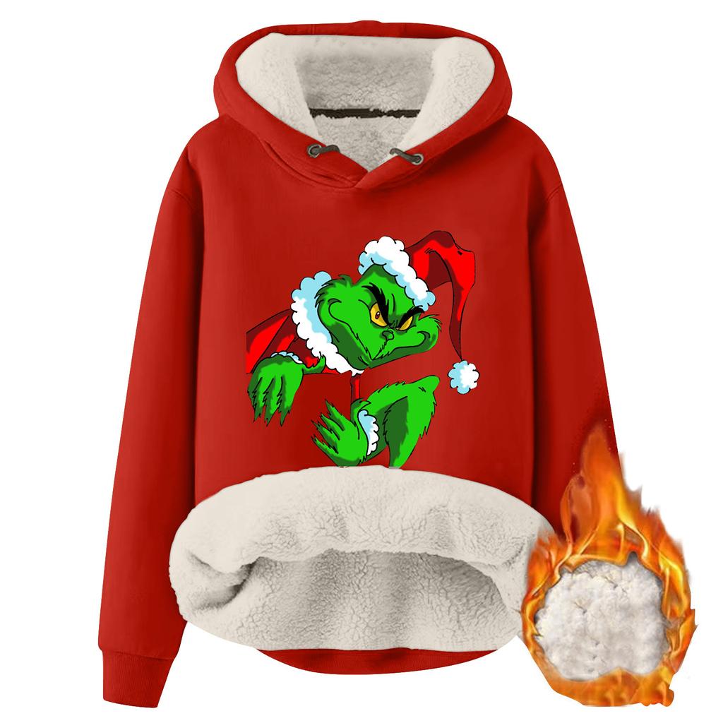 Women's Fashionable Hooded Printed Plush And Thickened Warm Loose Pullover Sweater