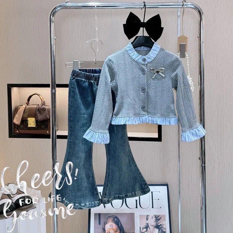 2025 Trendy Toddler Girl's Spring Outfit: Cardigan & Denim Flare Pants Set
