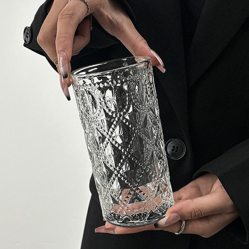 Tasse en Verre à Relief Rétro Style Nordique 360ml/380ml Tasses à Cocktail Mojito Transparentes Tasses à Jus Boissons Froides Bouteille d'Eau de Luxe Légère
