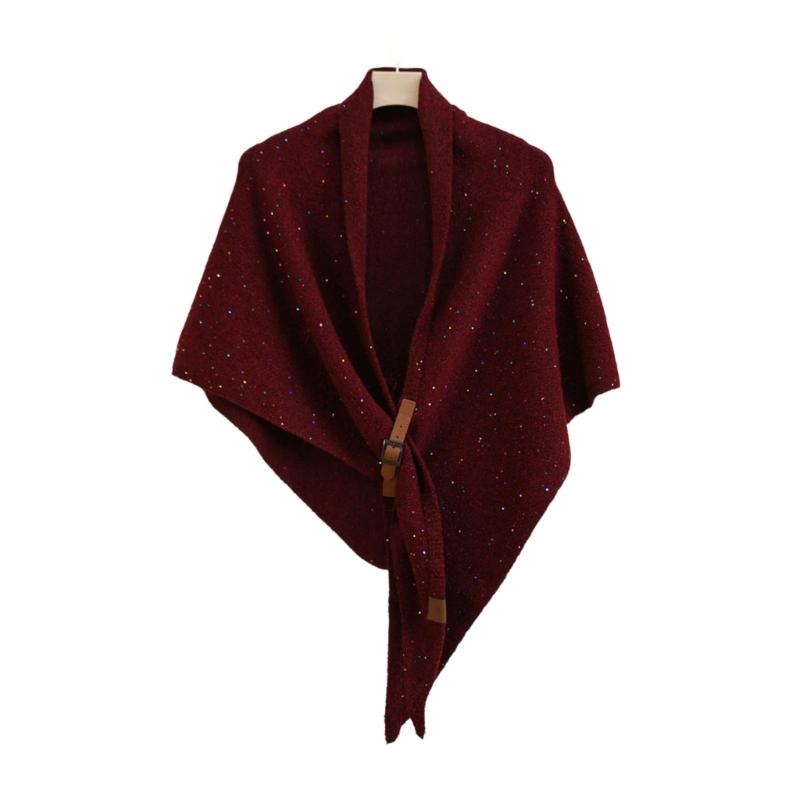 Solid Color Wool Blend Triangular Stole With Leather Clasp Warm Soft Scarf Wrap For Women Lady Winter Autumn Accessory